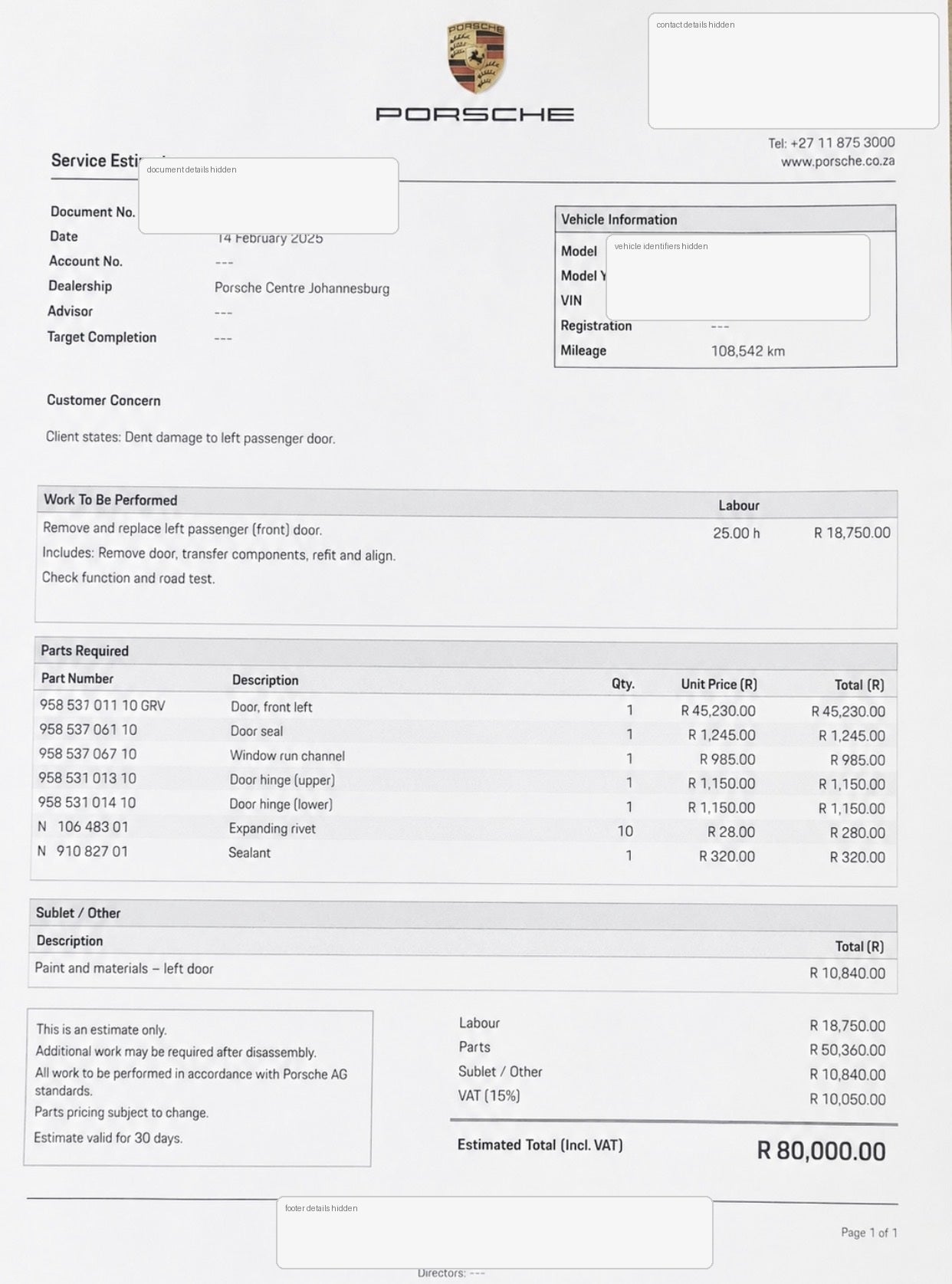 Redacted Porsche service estimate showing an estimated repair total of R80,000
